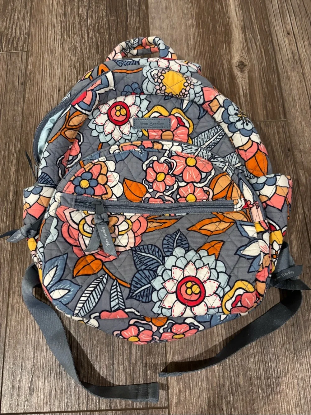 Vera Bradley Quilted Kids Backpack in Blue with Pink and Orange Floral Print